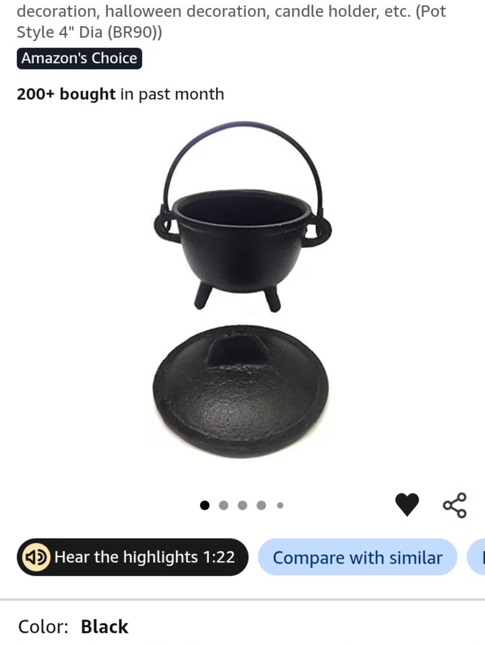 Black Mini Cast Iron Cauldron with Lid - Decorative Candle Holder